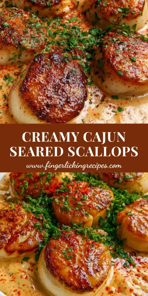 Five large jumbo sea scallops with a deep golden-brown caramelized sear served in a shallow white ceramic bowl with thick orange Cajun cream sauce, garnished with parsley and paprika. (Seared Scallops with Cajun Cream Sauce)