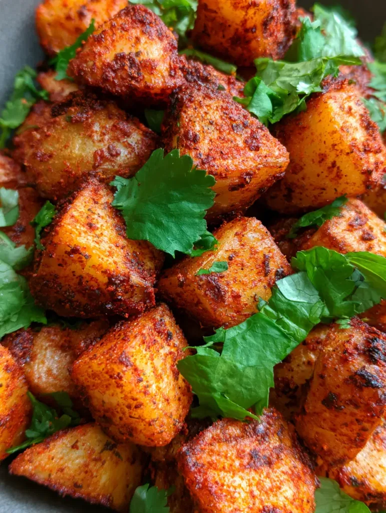 Smartphone photo of charred Mexican roasted potatoes with crispy edges and large torn cilantro pieces.