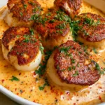 Seared Scallops with Cajun Cream Sauce: The Ultimate Golden-Crust Seafood Dinner Close-up of five jumbo scallops in a white bowl showing the succulent opaque white sides and caramelized tops in orange sauce. (Seared Scallops with Cajun Cream Sauce)