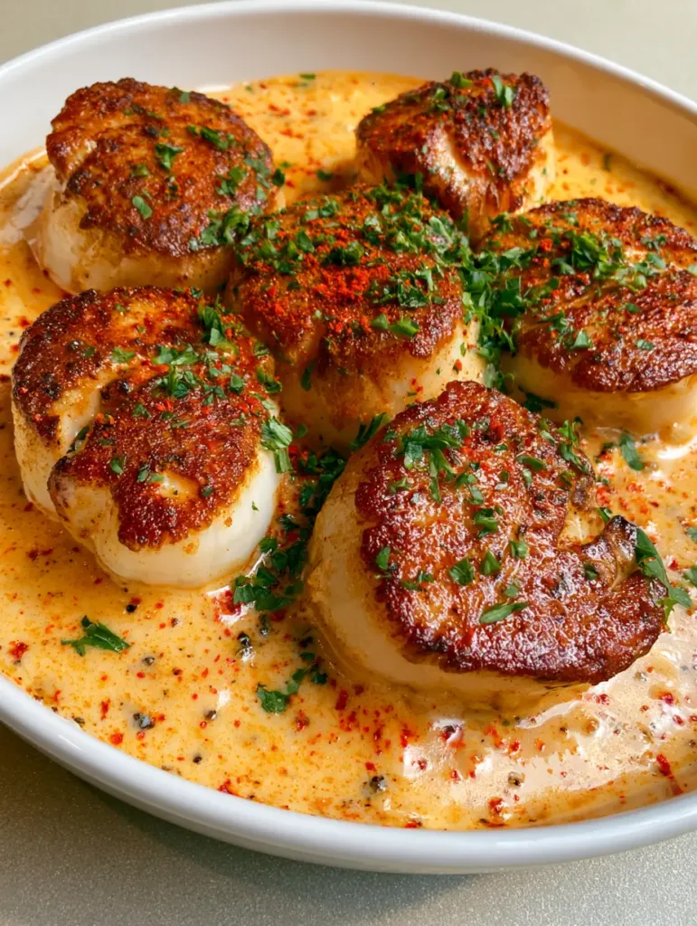 Close-up of five jumbo scallops in a white bowl showing the succulent opaque white sides and caramelized tops in orange sauce. (Seared Scallops with Cajun Cream Sauce)