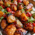 Hawaiian Chicken Sheet Pan: The Ultimate 30-Minute Sticky Teriyaki Dinner Bite-sized pieces of roasted chicken breast and charred fresh pineapple on a metallic baking sheet. (Hawaiian Chicken Sheet Pan)