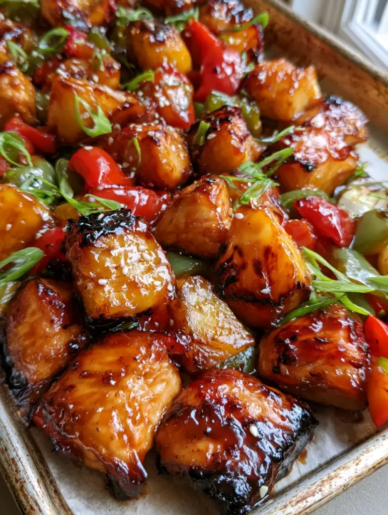 Hawaiian Chicken Sheet Pan: The Ultimate 30-Minute Sticky Teriyaki Dinner 3 Bite-sized pieces of roasted chicken breast and charred fresh pineapple on a metallic baking sheet. (Hawaiian Chicken Sheet Pan)