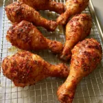 Oven Baked Chicken Drumsticks with Blistered Crispy Skin A close-up smartphone photo of six roasted chicken drumsticks showing textured, blistered skin and red paprika specks. (Oven Baked Chicken Drumsticks)