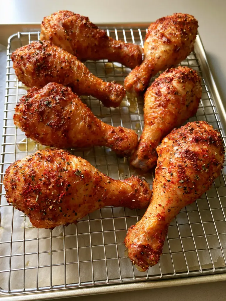 A close-up smartphone photo of six roasted chicken drumsticks showing textured, blistered skin and red paprika specks. (Oven Baked Chicken Drumsticks)