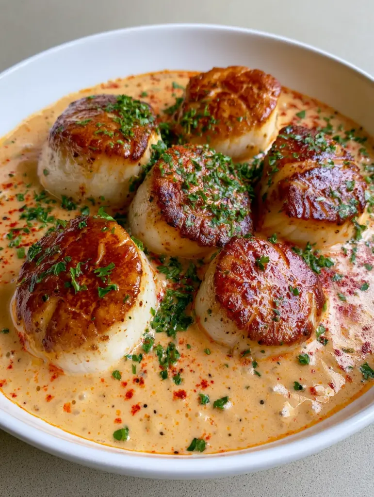 A handheld smartphone photo of five jumbo sea scallops in a shallow bowl with glossy pale orange Cajun sauce and green parsley garnish. (Seared Scallops with Cajun Cream Sauce)