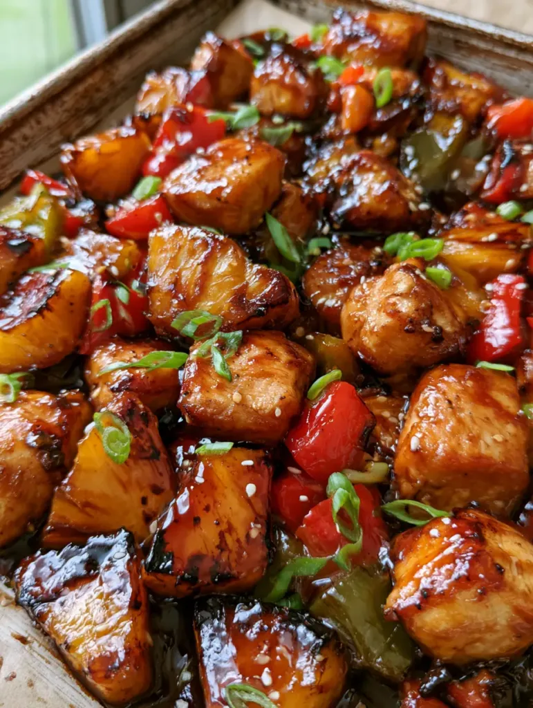 Hawaiian Chicken Sheet Pan: The Ultimate 30-Minute Sticky Teriyaki Dinner 2 High-angle shot of a sticky Hawaiian Chicken Sheet Pan with green scallions and sesame seeds. (Hawaiian Chicken Sheet Pan)