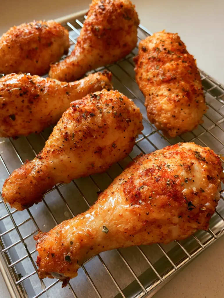 Six drumsticks on a silver wire rack over white parchment paper, highlighting the crispy herb and pepper rub.