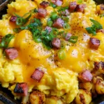 Close up of golden-brown pan-fried potatoes and seared ham in a Cheesy Potato Egg Scramble.