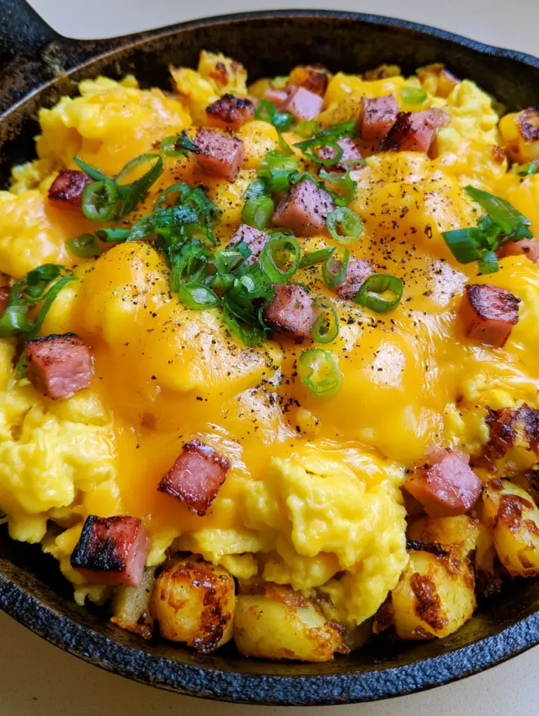 Cheesy Potato Egg Scramble: The Ultimate One-Skillet Rustic Breakfast 3 Close up of golden-brown pan-fried potatoes and seared ham in a Cheesy Potato Egg Scramble.