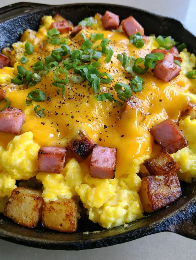 Cheesy Potato Egg Scramble: The Ultimate One-Skillet Rustic Breakfast 2 Overhead shot of a Cheesy Potato Egg Scramble topped with melted sharp cheddar and fresh scallions.