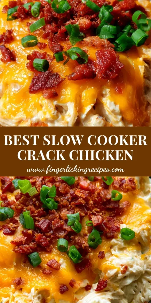 Slow Cooker Crack Chicken: The Ultimate Creamy Ranch & Cheddar Delight 5 A close-up vertical shot of Slow Cooker Crack Chicken in a black ceramic bowl featuring melted orange cheddar and crispy bacon.