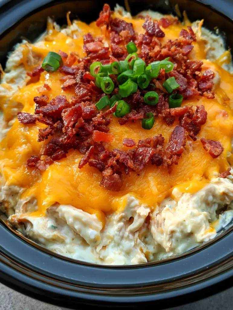 Slow Cooker Crack Chicken: The Ultimate Creamy Ranch & Cheddar Delight 3 Slightly overhead handheld photo of Slow Cooker Crack Chicken in a black ceramic insert with bubbly orange cheese and green scallions.