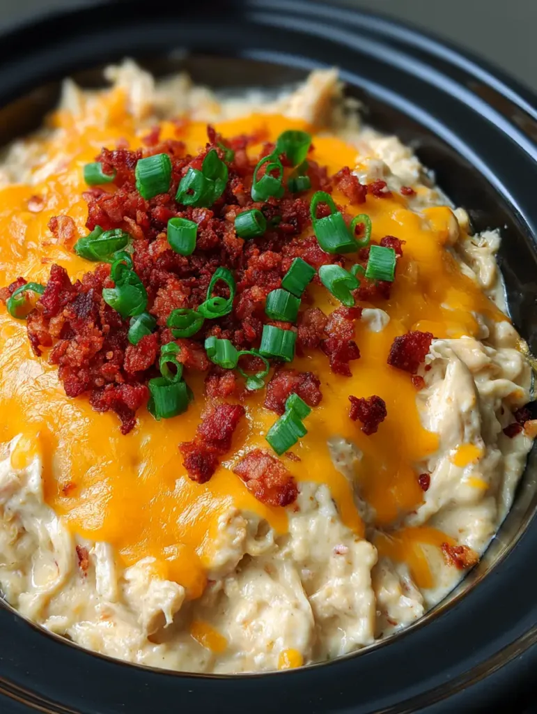 Slow Cooker Crack Chicken: The Ultimate Creamy Ranch & Cheddar Delight 2 Detailed view of shredded white meat chicken breast topped with melted cheddar and reddish-brown bacon bits.