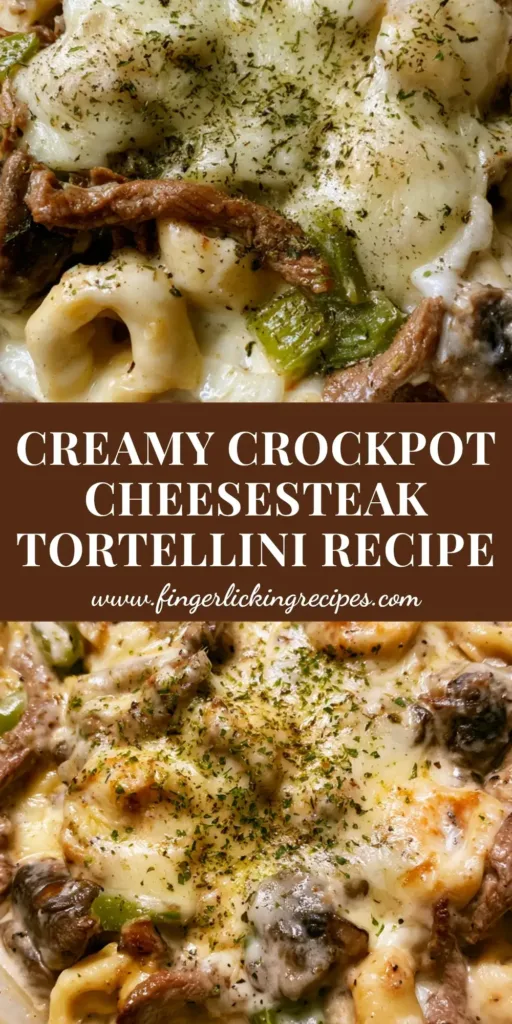 A deep ceramic bowl of Crock Pot Cheesesteak Tortellini with bubbly melted mozzarella and green peppers. (Crock Pot Cheesesteak Tortellini)