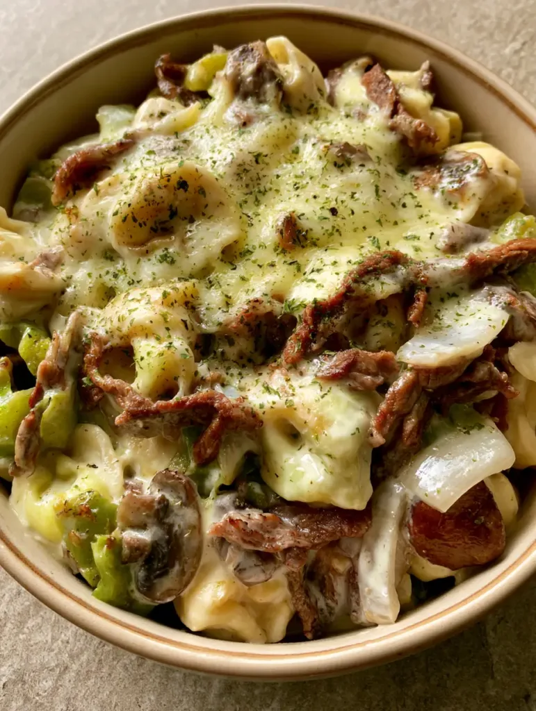 Top-down view of cheese-filled tortellini drenched in a thick cream cheese sauce with beef strips. (Crock Pot Cheesesteak Tortellini)