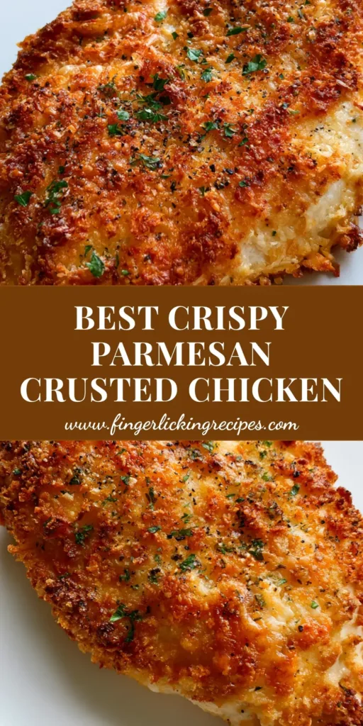 Parmesan Crusted Chicken: The Ultimate Crispy Baked Recipe 5 A single golden-brown Parmesan Crusted Chicken breast with a thick Panko topping on a white plate.