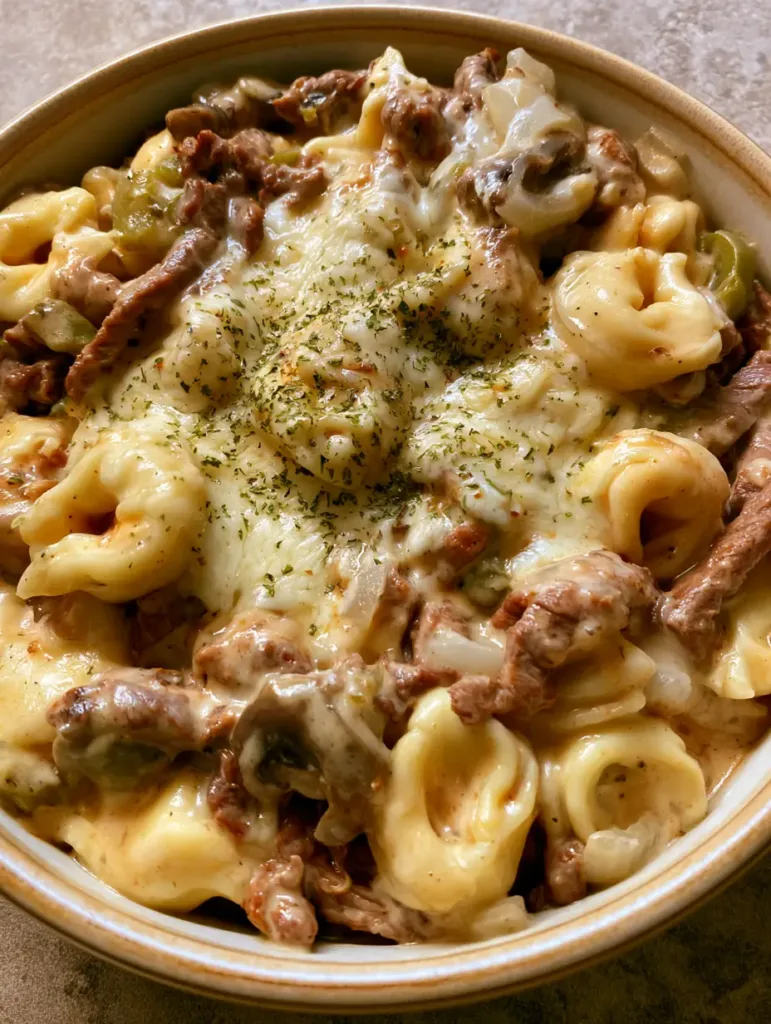 Close-up of melted mozzarella and dried parsley on top of beef and tortellini. (Crock Pot Cheesesteak Tortellini)