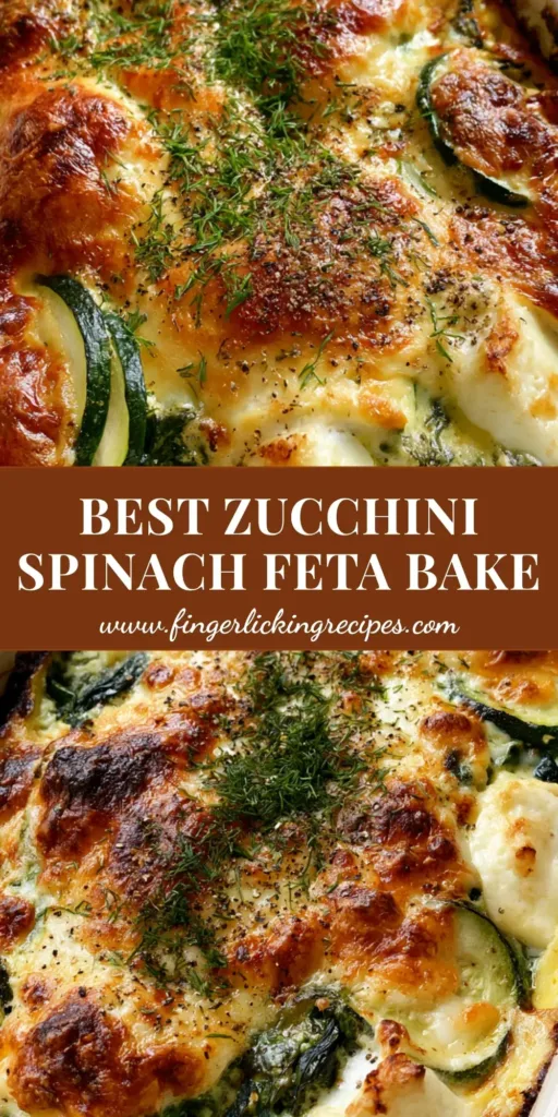 A handheld smartphone photo of a freshly baked Zucchini Spinach Feta Casserole in a white dish with a bubbly golden cheese crust and fresh dill garnish.