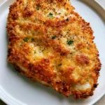 Close-up of golden-brown baked chicken breast with textured Panko and Parmesan crust. (Parmesan Crusted Chicken)