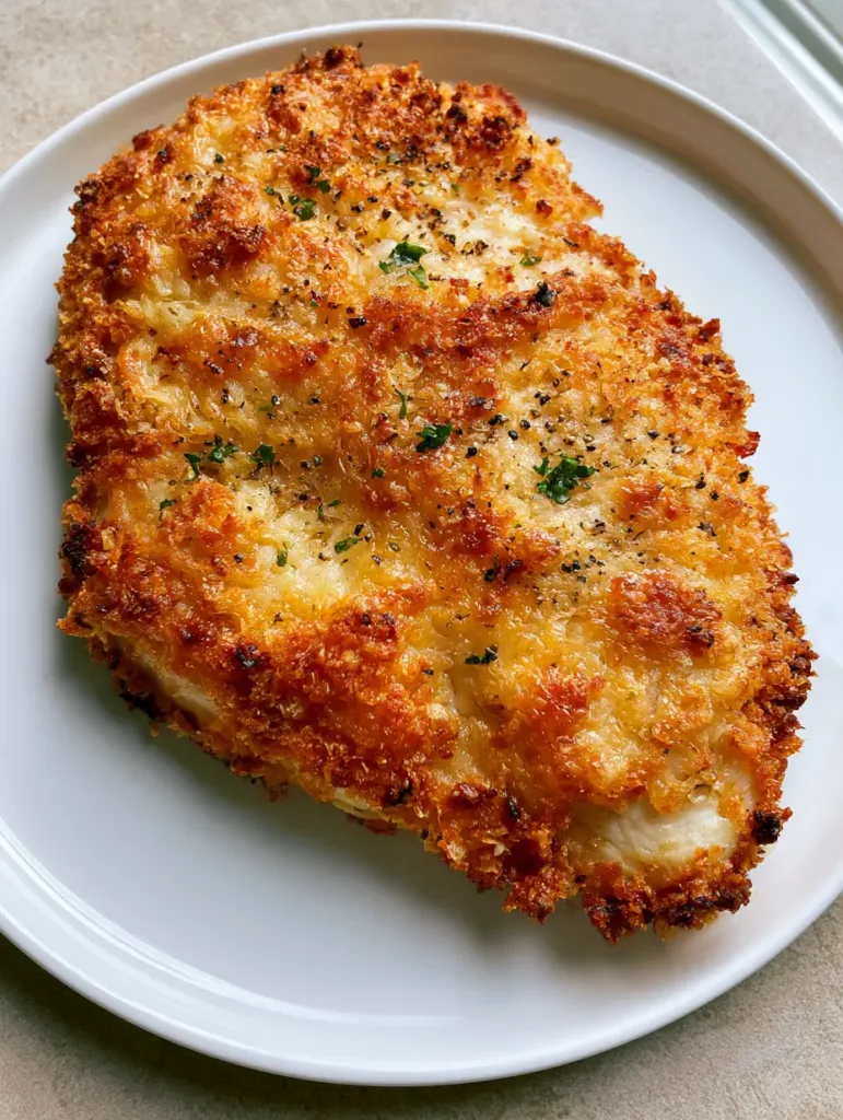 Parmesan Crusted Chicken: The Ultimate Crispy Baked Recipe 3 Close-up of golden-brown baked chicken breast with textured Panko and Parmesan crust. (Parmesan Crusted Chicken)