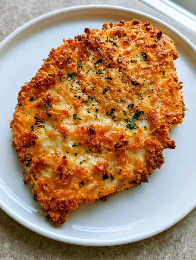 Parmesan Crusted Chicken: The Ultimate Crispy Baked Recipe 2 A handheld smartphone photo showing a juicy interior of a Parmesan Crusted Chicken breast on a white ceramic plate.