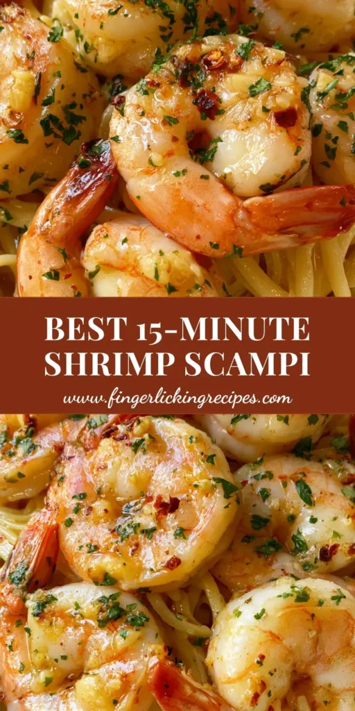 A close-up of Garlic Butter Shrimp Scampi featuring seared succulent shrimp and tangled linguine in a glossy yellow sauce, garnished with parsley and red pepper flakes. (Garlic Butter Shrimp Scampi)