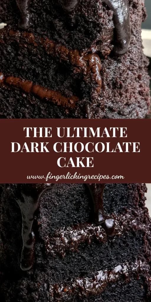 A tall, three-layer Dark Chocolate Mount Doom Cake with glossy ganache dripping down the sides and textured chocolate crumbs on a matte black plate.