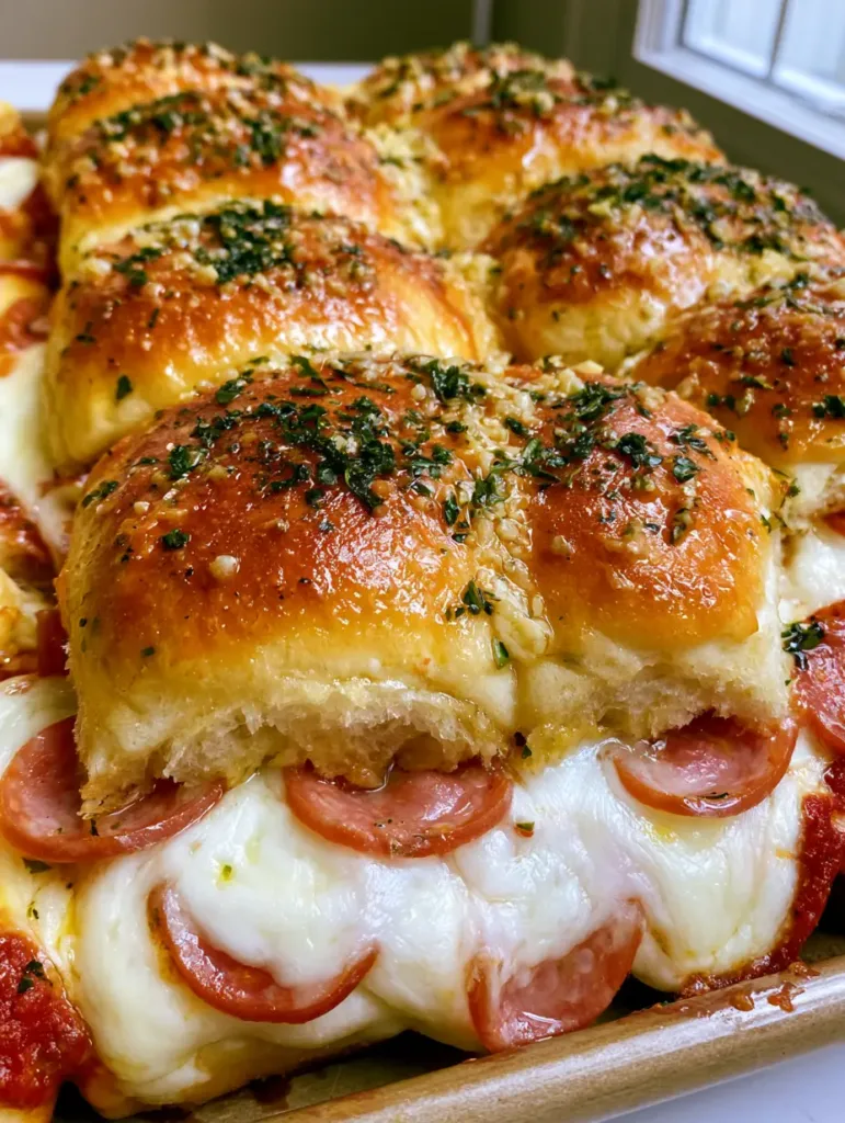 Hawaiian Roll Pizza Sliders: The Ultimate Gooey Garlic Butter Recipe 2 A close-up shot of the sliders showing the reddish-pink pepperoni and gooey white mozzarella cheese between the roll slices.