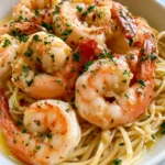 Garlic Butter Shrimp Scampi: The Ultimate 15-Minute Restaurant Secret Overhead view of succulent pink-orange shrimp coated in garlic butter sauce with visible minced garlic and chili flakes. (Garlic Butter Shrimp Scampi)