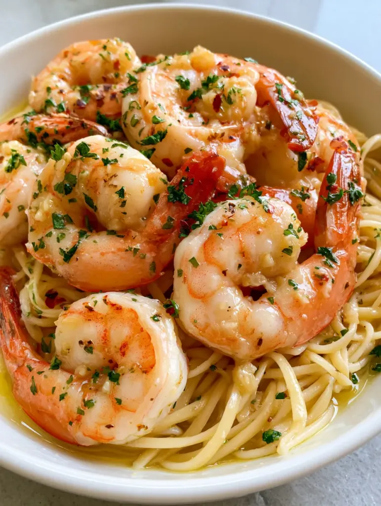 Overhead view of succulent pink-orange shrimp coated in garlic butter sauce with visible minced garlic and chili flakes. (Garlic Butter Shrimp Scampi)