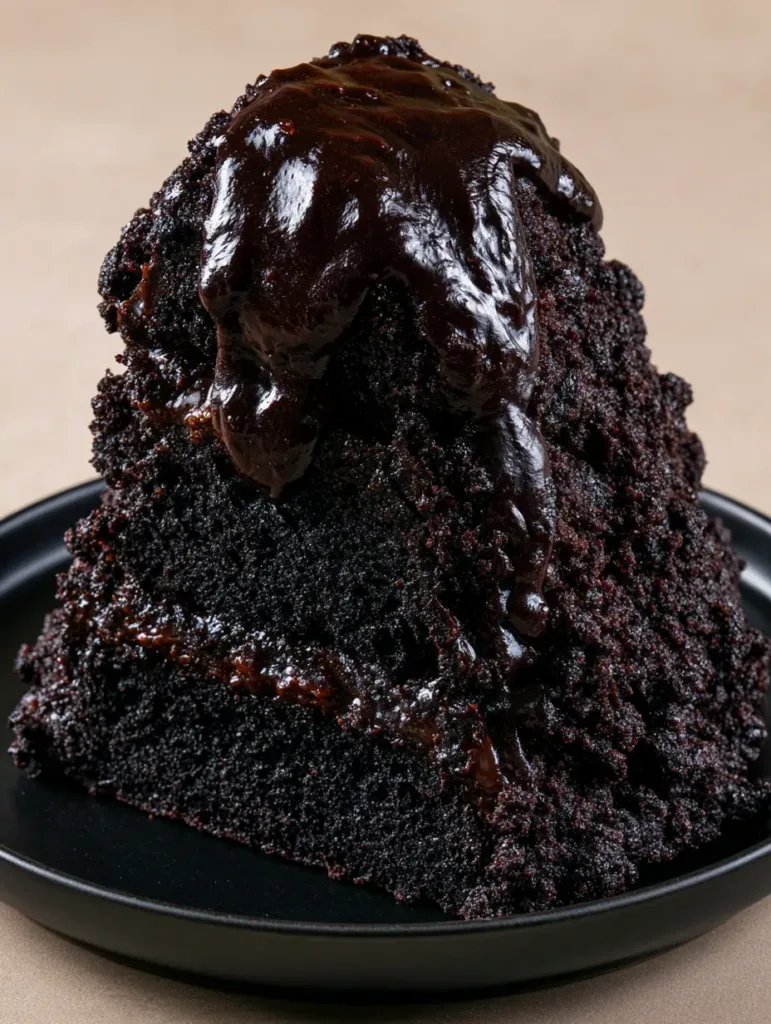 Close-up of the porous charcoal crumb of the Dark Chocolate Mount Doom Cake.