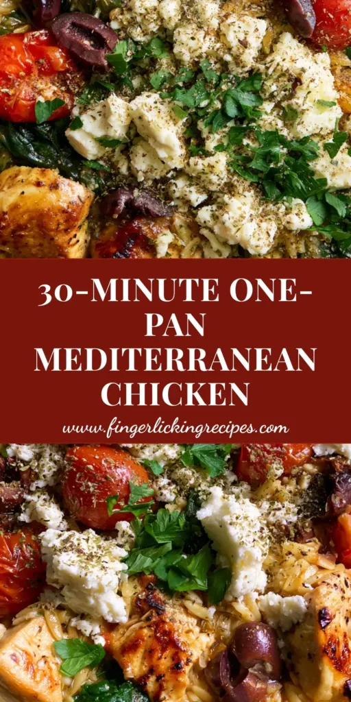 A top-down shot of Mediterranean Chicken Orzo in a black skillet with seared chicken, burst tomatoes, olives, and feta. (Mediterranean Chicken Orzo)