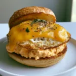 Side view of a Spicy Chipotle Egg Breakfast Sandwich showing layers of orange mayo, crispy egg, and melted yellow cheese.