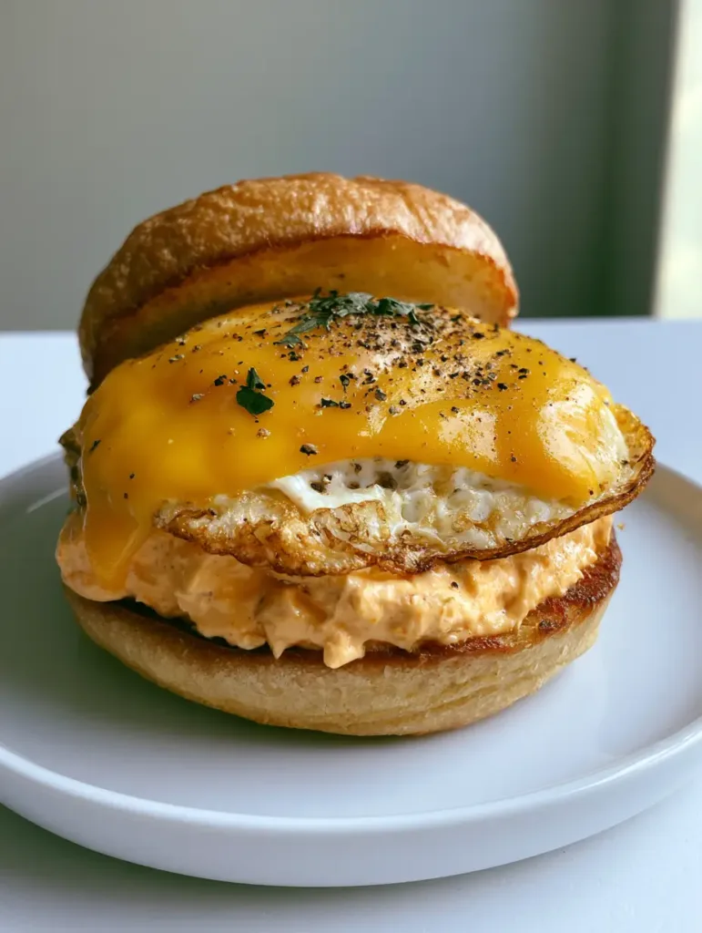 Side view of a Spicy Chipotle Egg Breakfast Sandwich showing layers of orange mayo, crispy egg, and melted yellow cheese.
