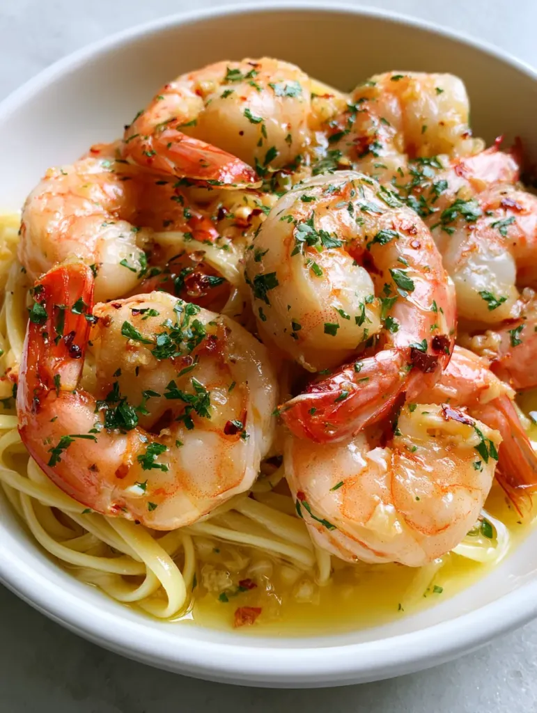 A close-up photo of Garlic Butter Shrimp Scampi served in a white ceramic bowl, highlighting the translucent yellow butter sauce and fresh parsley.