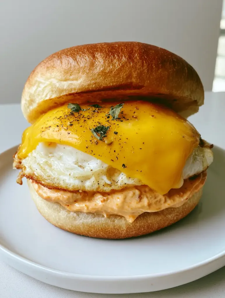 A Spicy Chipotle Egg Breakfast Sandwich on toasted brioche with a sprinkle of dried cilantro and cracked black pepper.