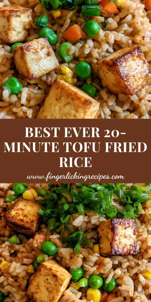 Tofu Fried Rice: The Secret to Golden Seared Tofu and Fluffy Grains 4 A close-up vertical shot of Tofu Fried Rice in a ceramic bowl, featuring seared golden-brown tofu cubes, bright peas, carrots, and corn, garnished with scallions.
