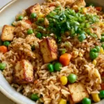 Smartphone photo of Tofu Fried Rice showing individual grains of rice coated in soy sauce with seared tofu and mixed vegetables.