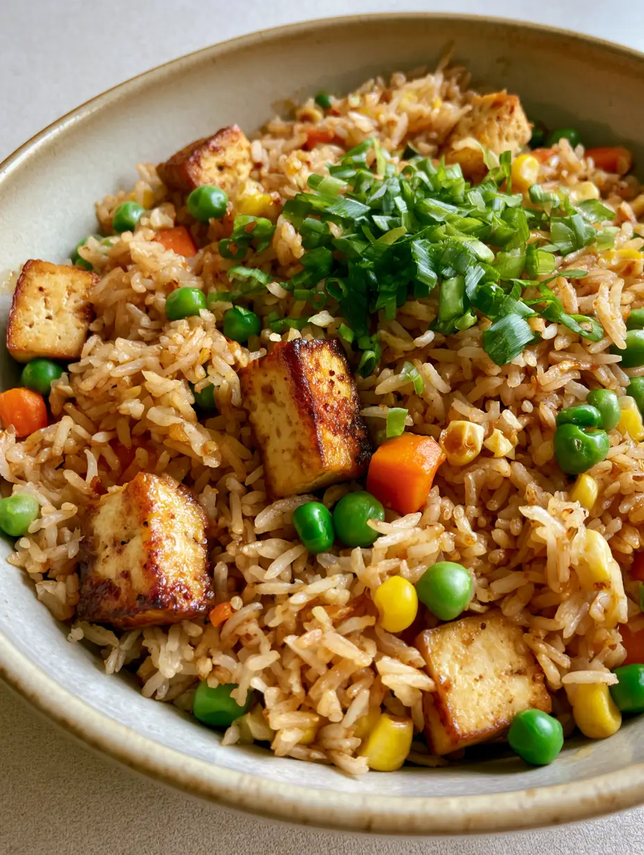 Tofu Fried Rice: The Secret to Golden Seared Tofu and Fluffy Grains 5 Smartphone photo of Tofu Fried Rice showing individual grains of rice coated in soy sauce with seared tofu and mixed vegetables.