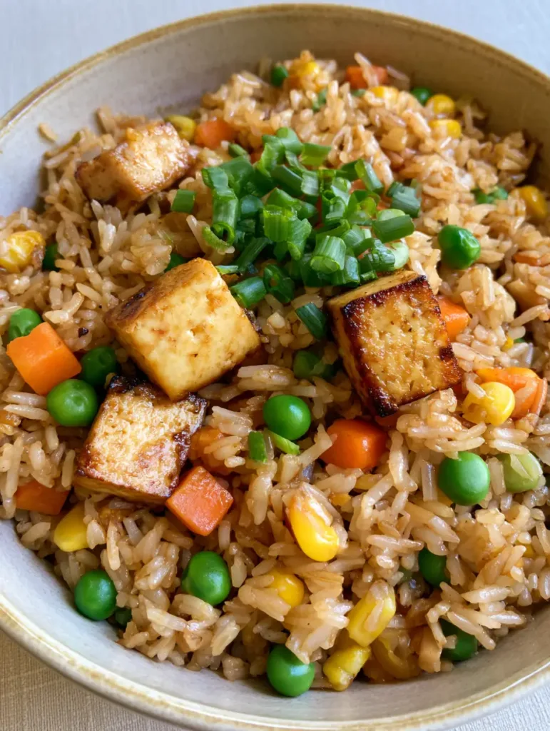 Tofu Fried Rice: The Secret to Golden Seared Tofu and Fluffy Grains 2 Overhead shot of a bowl of Tofu Fried Rice highlighting the vibrant green peas and orange carrots scattered throughout the light brown rice.