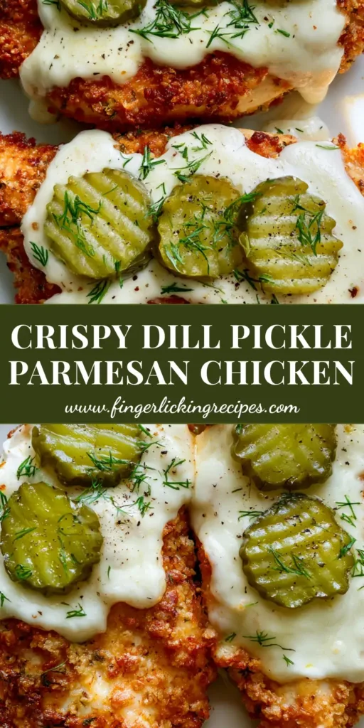 A vertical shot of Dill Pickle Parmesan Chicken featuring golden-brown panko crust, melted mozzarella cheese, and crinkle-cut dill pickles on a white plate.