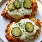 Top-down view of two Dill Pickle Parmesan Chicken breasts with crispy crust, bubbly mozzarella, and crinkle-cut pickles. (Dill Pickle Parmesan Chicken)