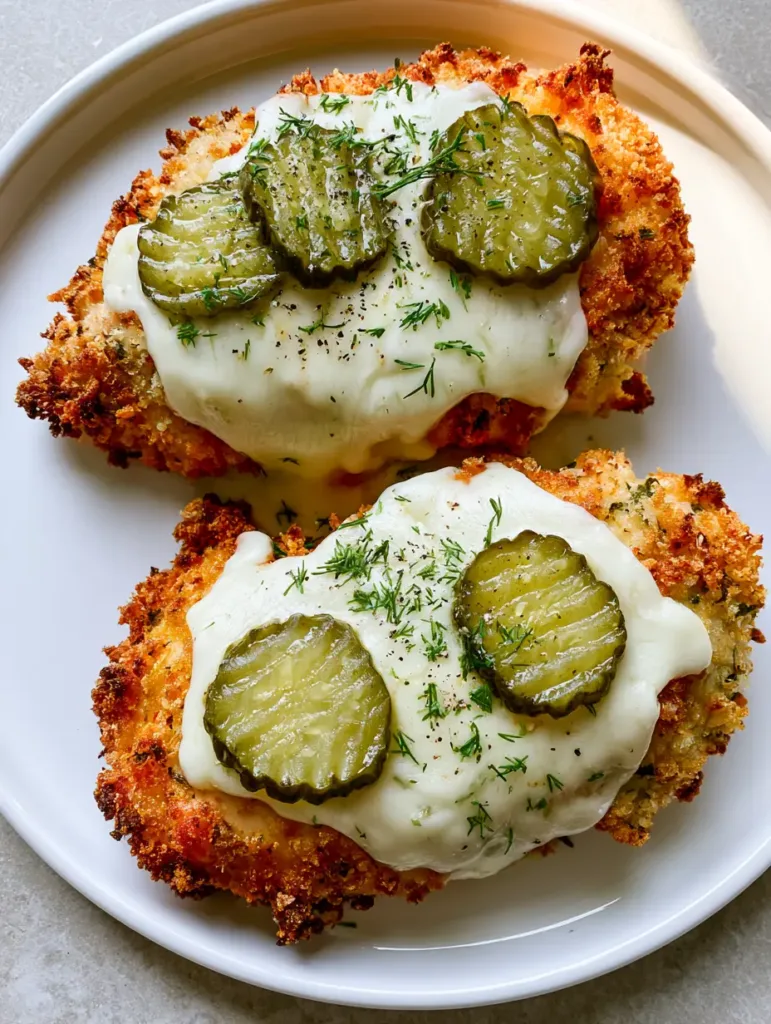 Top-down view of two Dill Pickle Parmesan Chicken breasts with crispy crust, bubbly mozzarella, and crinkle-cut pickles. (Dill Pickle Parmesan Chicken)
