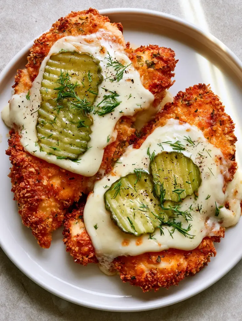 Close-up of melted mozzarella cheese draping over a parmesan-crusted chicken breast topped with pickles and dill.