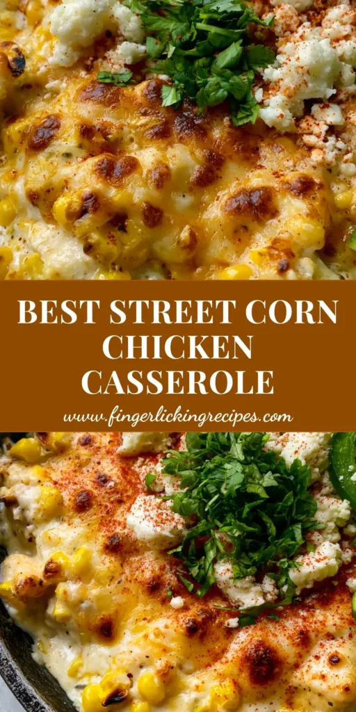 A close-up of Street Corn Chicken Casserole in a black cast iron skillet featuring bubbly melted cheese, charred corn, and fresh jalapeños.