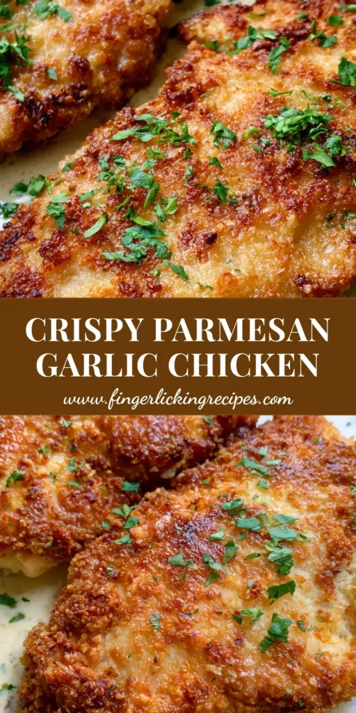 A top-down view of crispy Parmesan Crusted Chicken in a cast iron skillet, garnished with fresh parsley and surrounded by creamy garlic sauce.