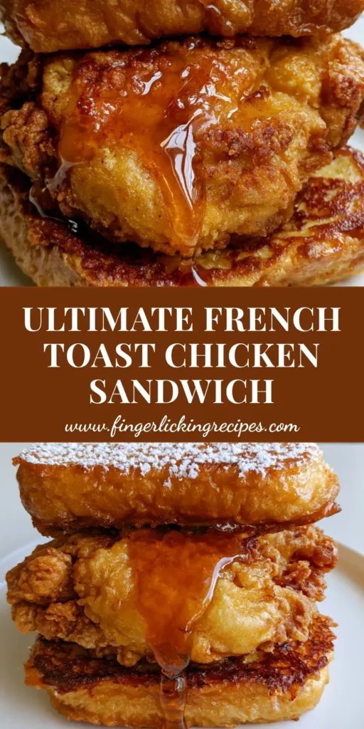 A handheld gourmet French Toast Fried Chicken Sandwich on a white plate with maple syrup drizzle and powdered sugar.