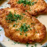 Close-up of golden-brown Parmesan Crusted Chicken cutlets with visible garlic bits in a creamy sauce.