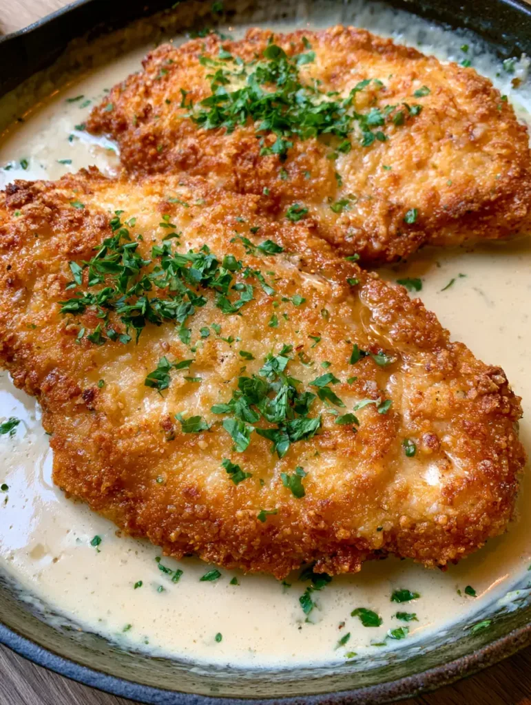 Close-up of golden-brown Parmesan Crusted Chicken cutlets with visible garlic bits in a creamy sauce.