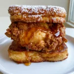 Smartphone photo of a French Toast Fried Chicken Sandwich showing thick brioche and craggy fried chicken.